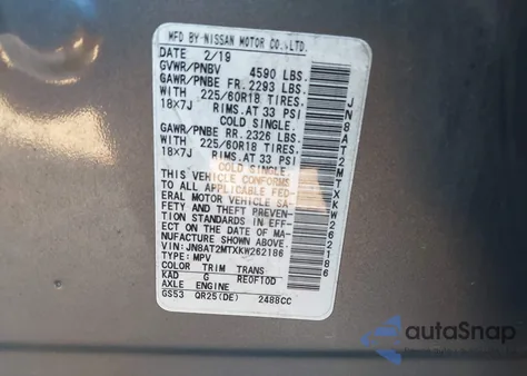 2019 Nissan Rogue Sv z USA, uszkodzony, nr VIN JN8AT2MTXKW262186